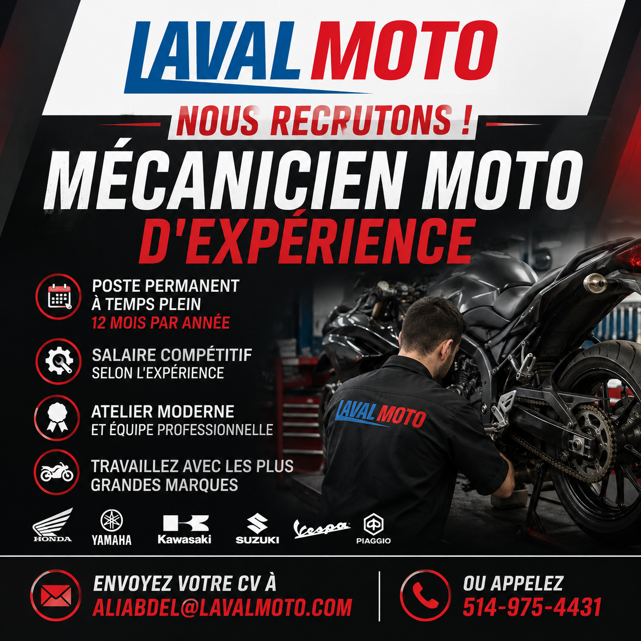 🔧 MÉCANICIEN MOTO D'EXPÉRIENCE RECHERCHÉ! 🏍️