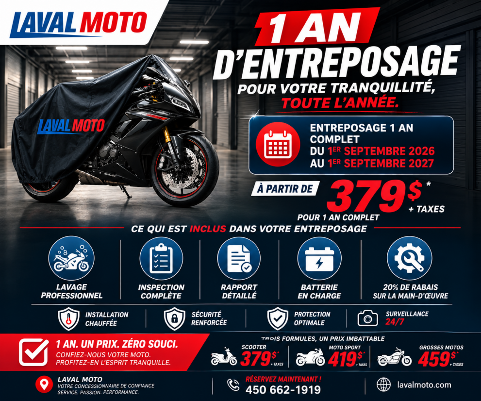 1 AN D’ENTREPOSAGE MOTO – À PARTIR DE 379 $ + TAXES