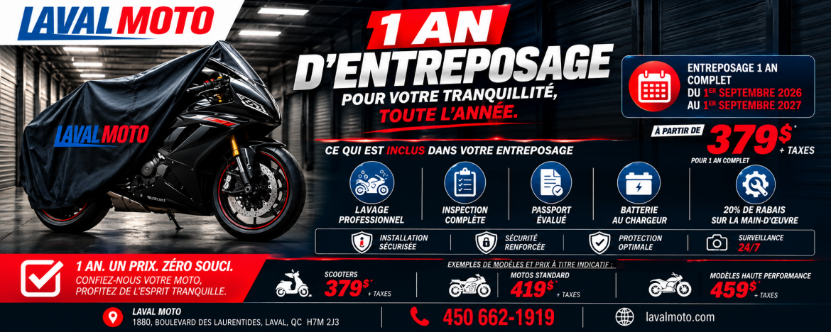 1 AN D’ENTREPOSAGE MOTO – À PARTIR DE 379 $ + TAXES